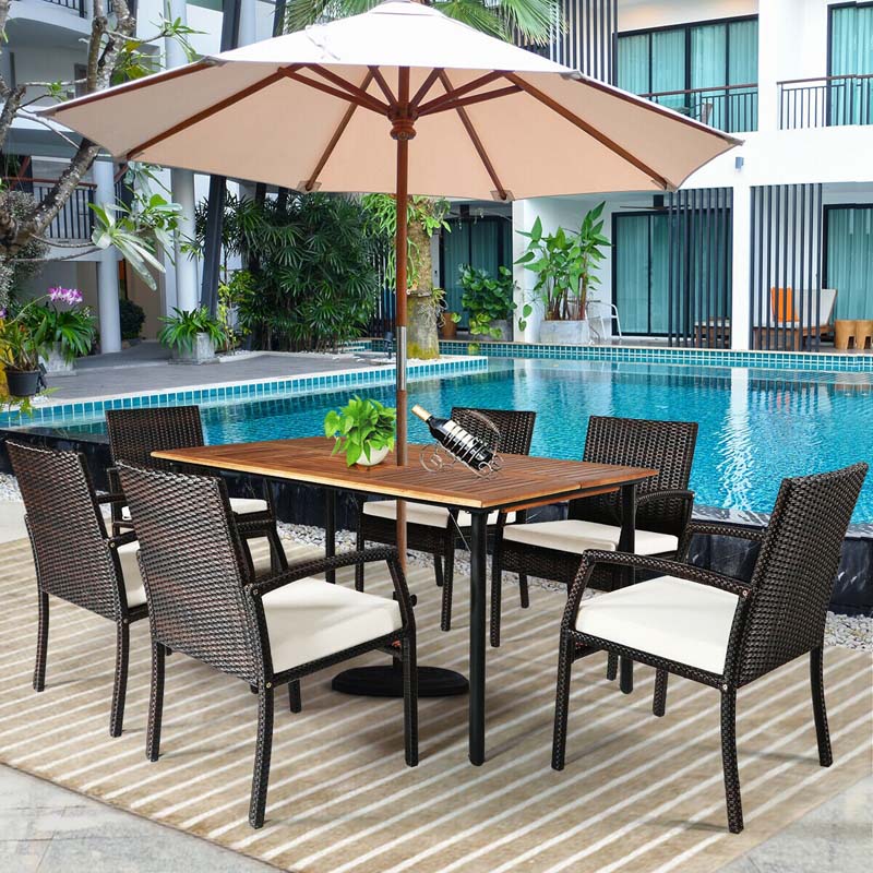 7 Piece Rattan Patio Dining Set with Umbrella Hole, Acacia Wood Tabletop, Cushioned Chairs