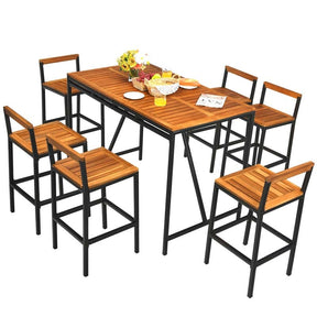 7 Pcs Acacia Wood Rattan Wicker Outdoor Patio Bar Set Dining Table Set with 1.9'' Umbrella Hole & 6 Bar Stools