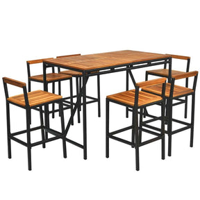 7 Pcs Acacia Wood Rattan Wicker Outdoor Patio Bar Set Dining Table Set with 1.9'' Umbrella Hole & 6 Bar Stools