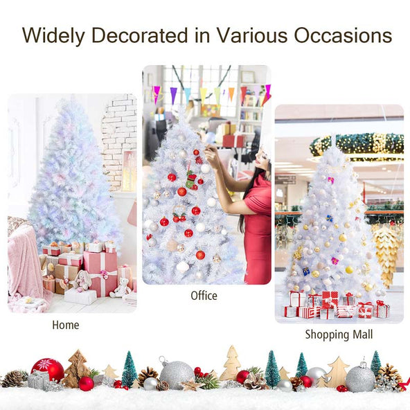 6/7/8FT White Iridescent Hinged Artificial Christmas Tree with 792/1156/1636 Branch Tips & Metal Stand