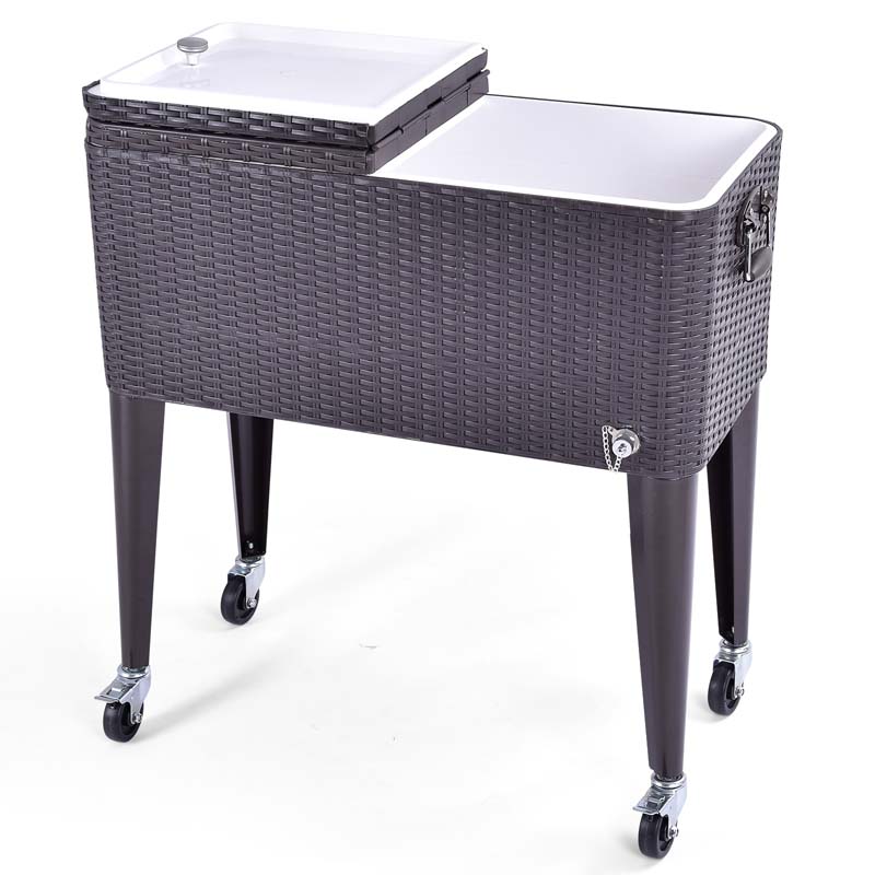 80 Quart Rattan Patio Rolling Cooler Cart, Portable Outdoor Party Beverage Wine Bar Cart Ice Chest Cart with Bottle Opener & Cap Catcher