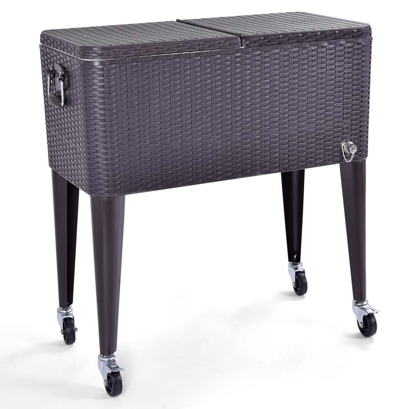 80 Quart Rattan Patio Rolling Cooler Cart, Portable Outdoor Party Beverage Wine Bar Cart Ice Chest Cart with Bottle Opener & Cap Catcher
