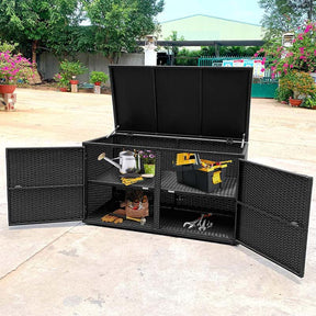 88 Gallon All-weather Rattan Deck Box, Outdoor Wicker Storage Container Cabinet Bench with 2 Shelves & Openable Door for Cushions, Tools