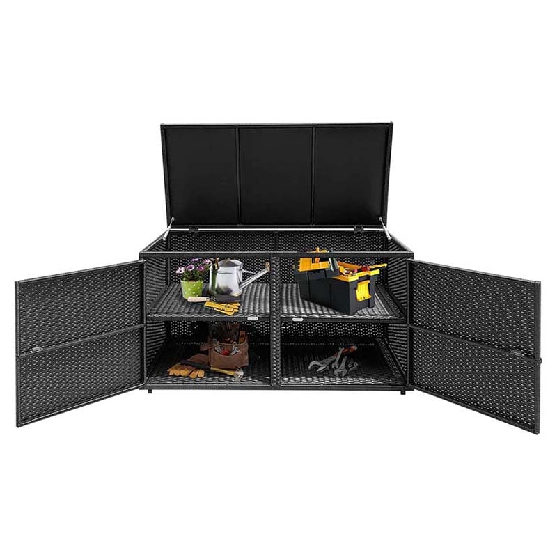 88 Gallon All-weather Rattan Deck Box, Outdoor Wicker Storage Container Cabinet Bench with 2 Shelves & Openable Door for Cushions, Tools