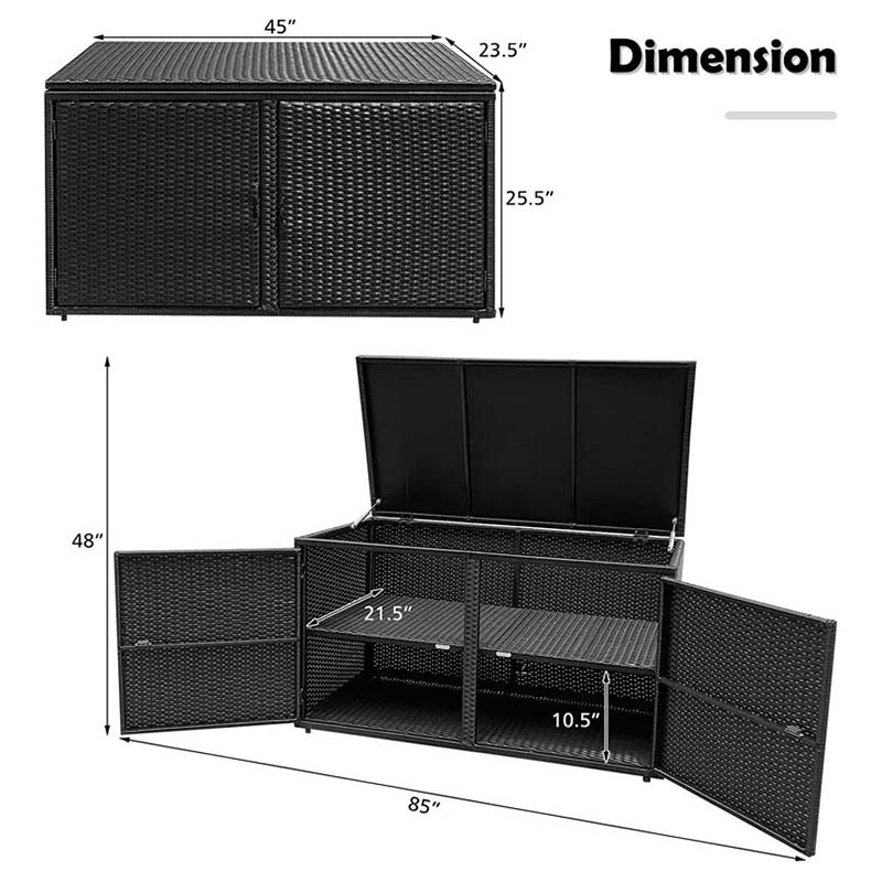 88 Gallon All-weather Rattan Deck Box, Outdoor Wicker Storage Container Cabinet Bench with 2 Shelves & Openable Door for Cushions, Tools