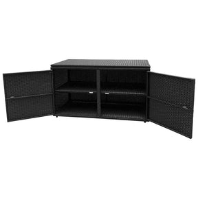 88 Gallon All-weather Rattan Deck Box, Outdoor Wicker Storage Container Cabinet Bench with 2 Shelves & Openable Door for Cushions, Tools