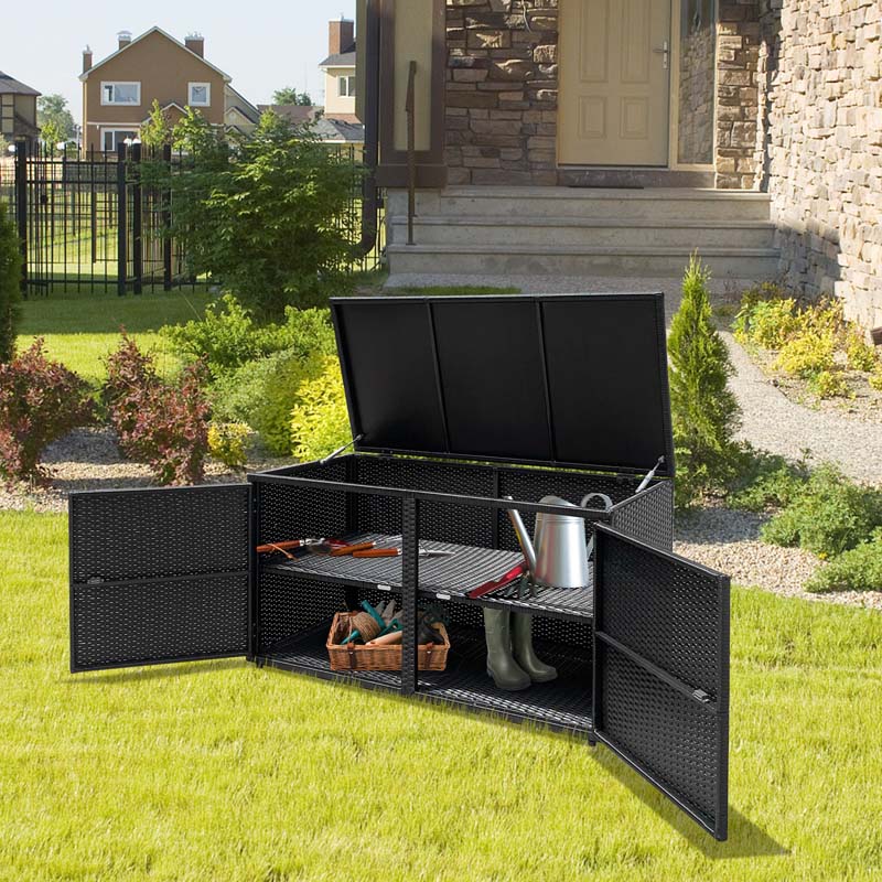 88 Gallon All-weather Rattan Deck Box, Outdoor Wicker Storage Container Cabinet Bench with 2 Shelves & Openable Door for Cushions, Tools