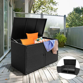 88 Gallon All-weather Rattan Deck Box, Outdoor Wicker Storage Container Cabinet Bench with 2 Shelves & Openable Door for Cushions, Tools