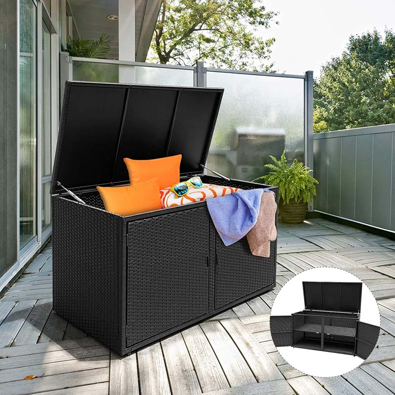 88 Gallon All-weather Rattan Deck Box, Outdoor Wicker Storage Container Cabinet Bench with 2 Shelves & Openable Door for Cushions, Tools