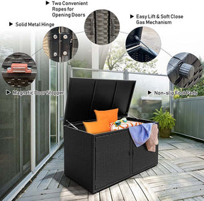 88 Gallon All-weather Rattan Deck Box, Outdoor Wicker Storage Container Cabinet Bench with 2 Shelves & Openable Door for Cushions, Tools