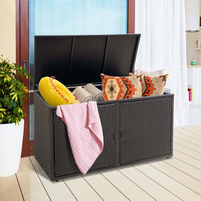 88 Gallon All-weather Rattan Deck Box, Outdoor Wicker Storage Container Cabinet Bench with 2 Shelves & Openable Door for Cushions, Tools