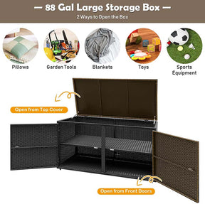 88 Gallon All-weather Rattan Deck Box, Outdoor Wicker Storage Container Cabinet Bench with 2 Shelves & Openable Door for Cushions, Tools