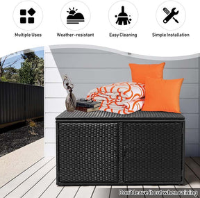 88 Gallon All-weather Rattan Deck Box, Outdoor Wicker Storage Container Cabinet Bench with 2 Shelves & Openable Door for Cushions, Tools