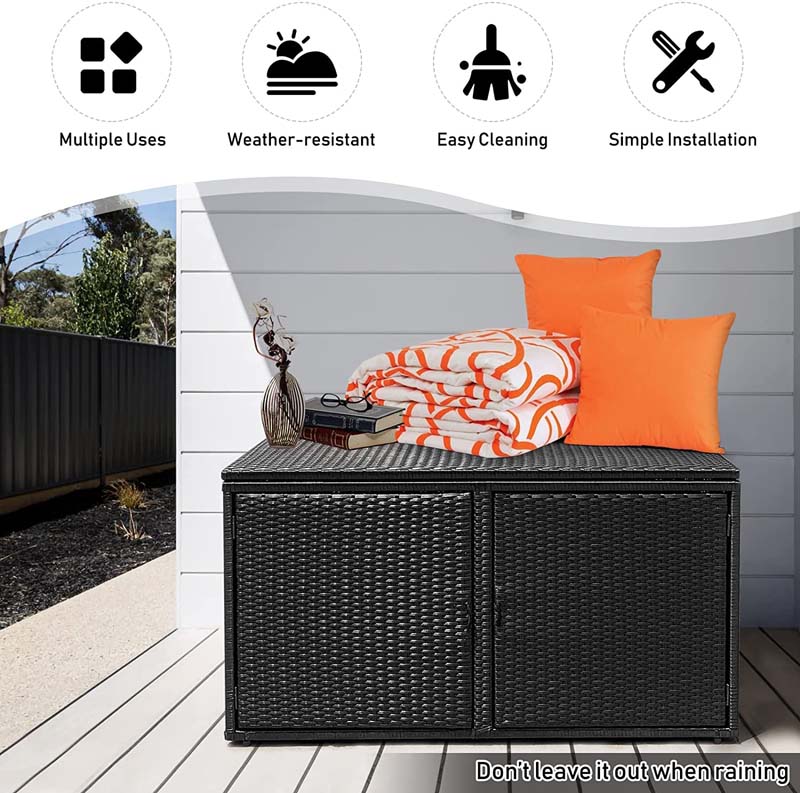88 Gallon All-weather Rattan Deck Box, Outdoor Wicker Storage Container Cabinet Bench with 2 Shelves & Openable Door for Cushions, Tools