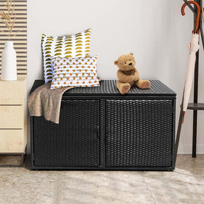 88 Gallon All-weather Rattan Deck Box, Outdoor Wicker Storage Container Cabinet Bench with 2 Shelves & Openable Door for Cushions, Tools