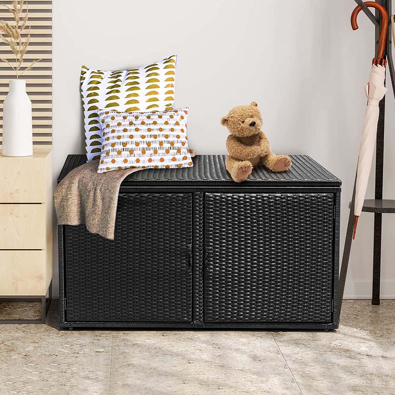 88 Gallon All-weather Rattan Deck Box, Outdoor Wicker Storage Container Cabinet Bench with 2 Shelves & Openable Door for Cushions, Tools