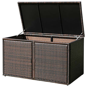 88 Gallon All-weather Rattan Deck Box, Outdoor Wicker Storage Container Cabinet Bench with 2 Shelves & Openable Door for Cushions, Tools
