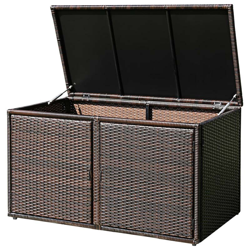 88 Gallon All-weather Rattan Deck Box, Outdoor Wicker Storage Container Cabinet Bench with 2 Shelves & Openable Door for Cushions, Tools