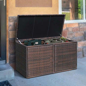 88 Gallon All-weather Rattan Deck Box, Outdoor Wicker Storage Container Cabinet Bench with 2 Shelves & Openable Door for Cushions, Tools