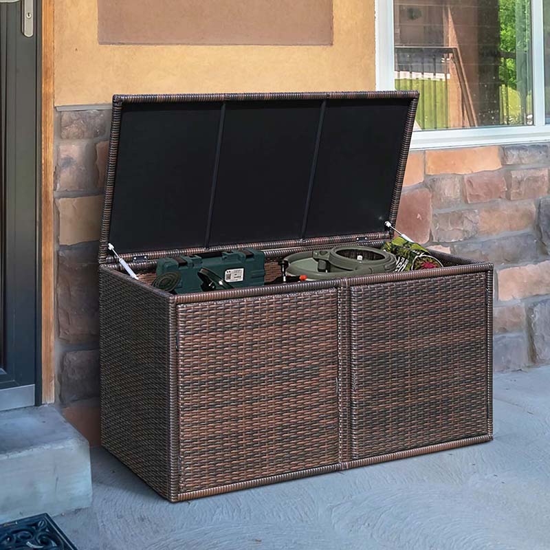 88 Gallon All-weather Rattan Deck Box, Outdoor Wicker Storage Container Cabinet Bench with 2 Shelves & Openable Door for Cushions, Tools