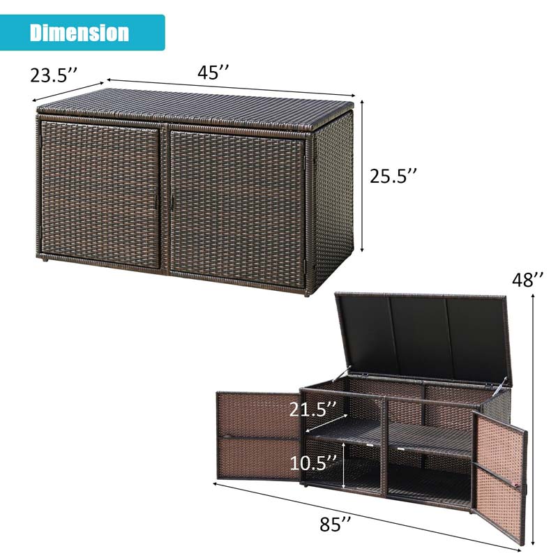 88 Gallon All-weather Rattan Deck Box, Outdoor Wicker Storage Container Cabinet Bench with 2 Shelves & Openable Door for Cushions, Tools