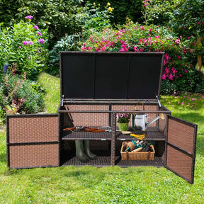 88 Gallon All-weather Rattan Deck Box, Outdoor Wicker Storage Container Cabinet Bench with 2 Shelves & Openable Door for Cushions, Tools