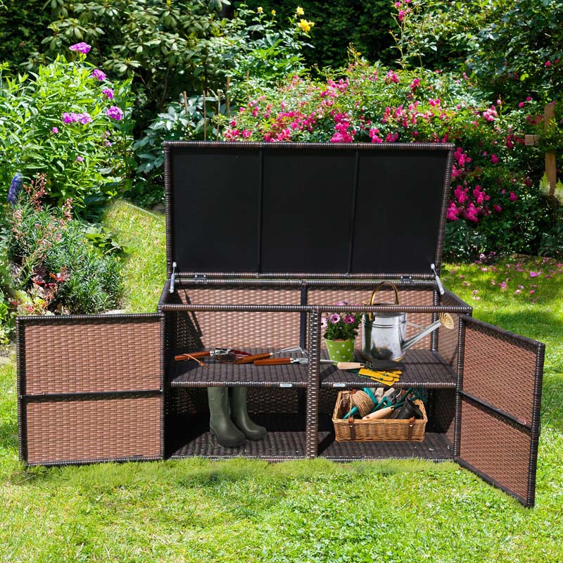 88 Gallon All-weather Rattan Deck Box, Outdoor Wicker Storage Container Cabinet Bench with 2 Shelves & Openable Door for Cushions, Tools