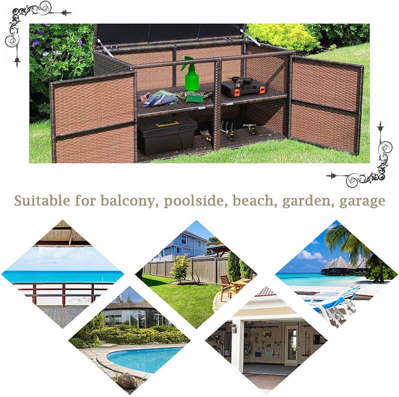 88 Gallon All-weather Rattan Deck Box, Outdoor Wicker Storage Container Cabinet Bench with 2 Shelves & Openable Door for Cushions, Tools