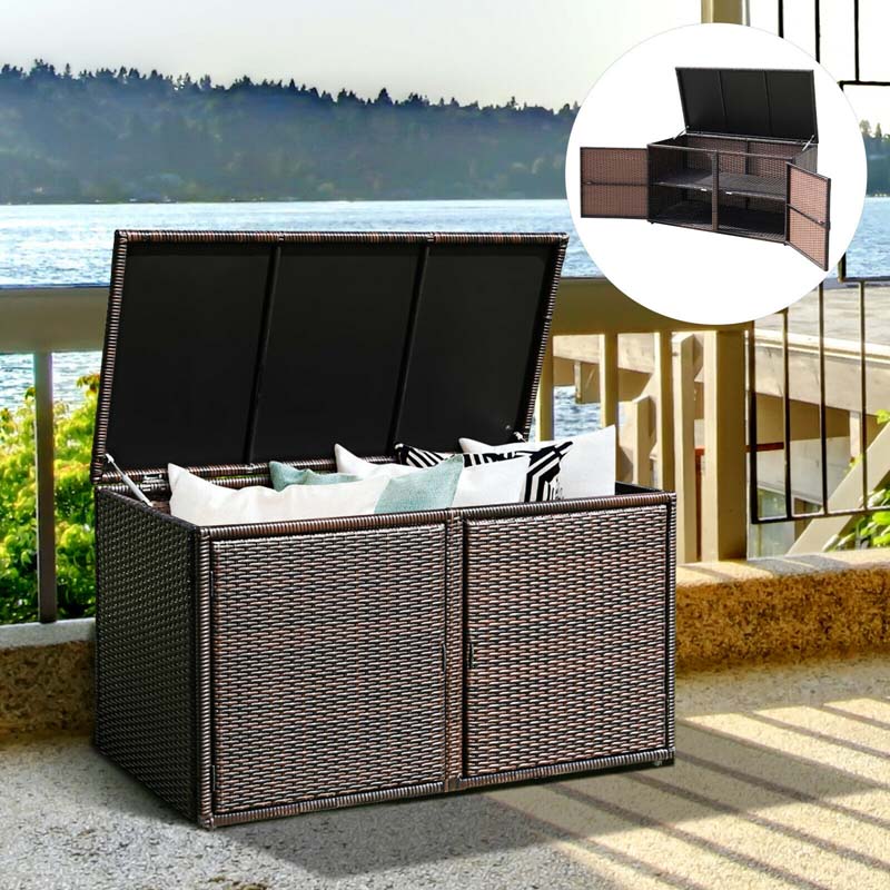 88 Gallon All-weather Rattan Deck Box, Outdoor Wicker Storage Container Cabinet Bench with 2 Shelves & Openable Door for Cushions, Tools