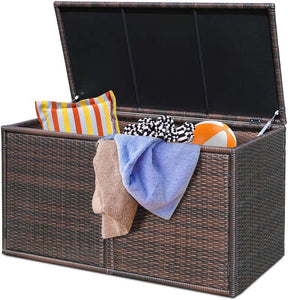 88 Gallon All-weather Rattan Deck Box, Outdoor Wicker Storage Container Cabinet Bench with 2 Shelves & Openable Door for Cushions, Tools