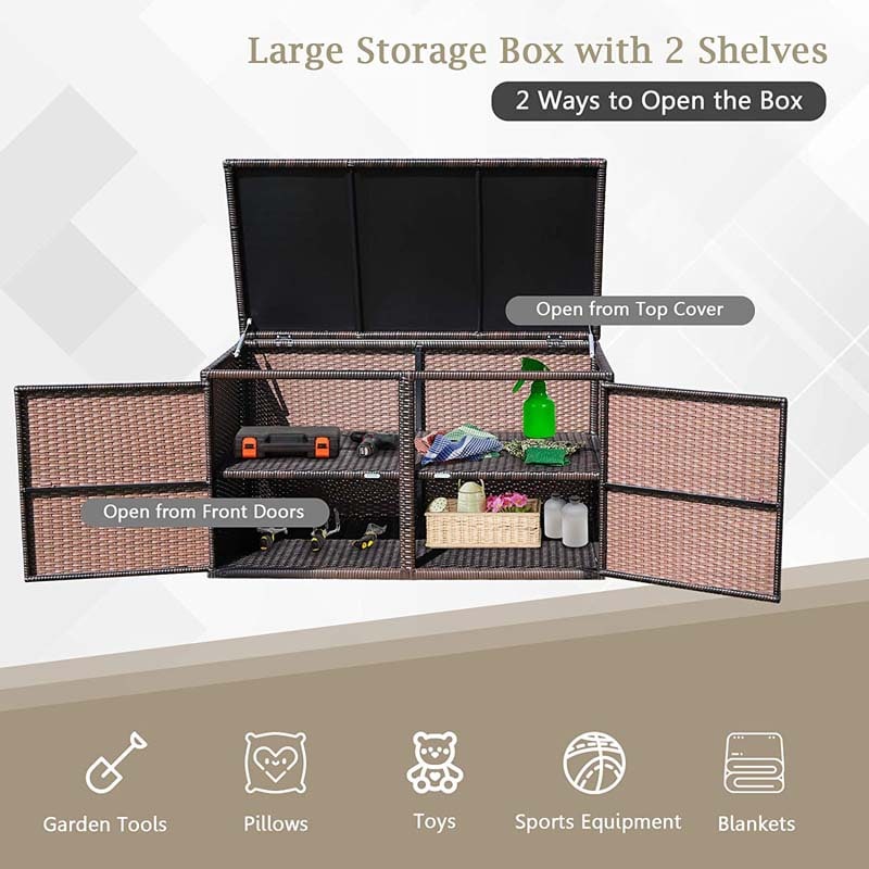 88 Gallon All-weather Rattan Deck Box, Outdoor Wicker Storage Container Cabinet Bench with 2 Shelves & Openable Door for Cushions, Tools