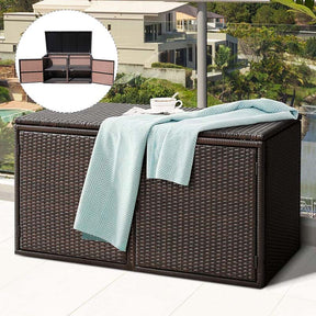 88 Gallon All-weather Rattan Deck Box, Outdoor Wicker Storage Container Cabinet Bench with 2 Shelves & Openable Door for Cushions, Tools