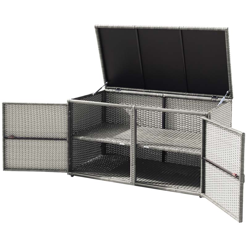 88 Gallon All-weather Rattan Deck Box, Outdoor Wicker Storage Container Cabinet Bench with 2 Shelves & Openable Door for Cushions, Tools