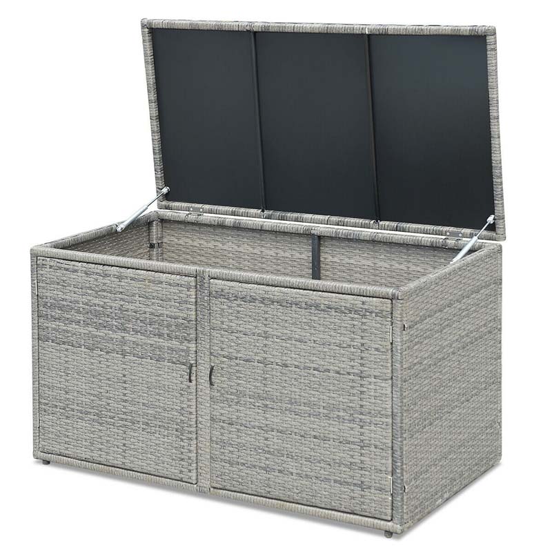 88 Gallon All-weather Rattan Deck Box, Outdoor Wicker Storage Container Cabinet Bench with 2 Shelves & Openable Door for Cushions, Tools