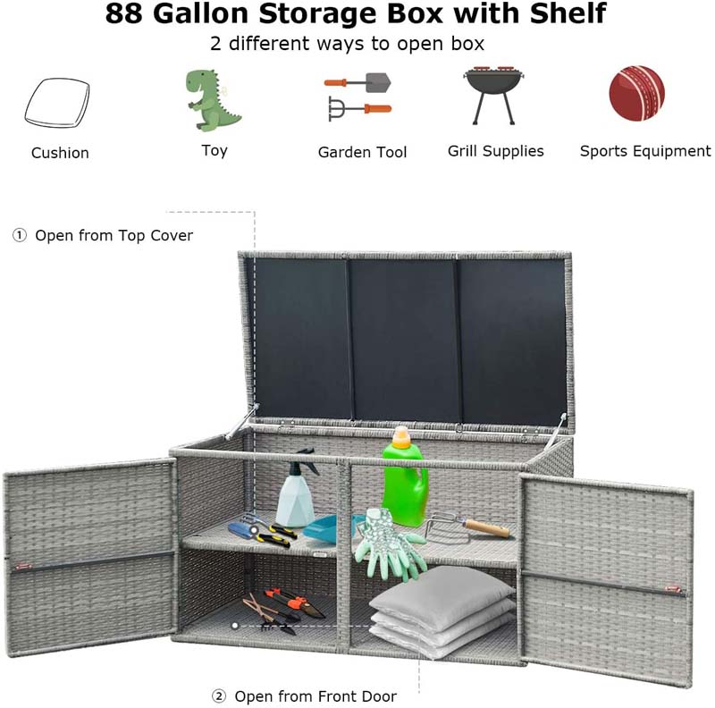 88 Gallon All-weather Rattan Deck Box, Outdoor Wicker Storage Container Cabinet Bench with 2 Shelves & Openable Door for Cushions, Tools