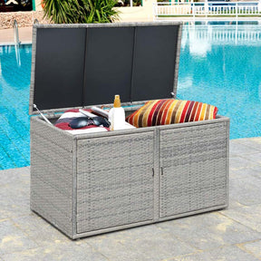 88 Gallon All-weather Rattan Deck Box, Outdoor Wicker Storage Container Cabinet Bench with 2 Shelves & Openable Door for Cushions, Tools