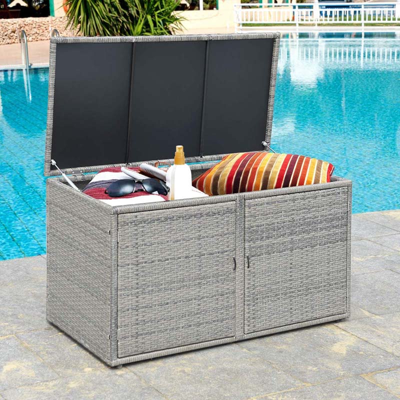 88 Gallon All-weather Rattan Deck Box, Outdoor Wicker Storage Container Cabinet Bench with 2 Shelves & Openable Door for Cushions, Tools