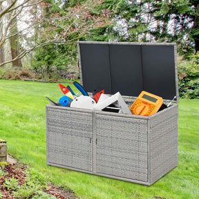 88 Gallon All-weather Rattan Deck Box, Outdoor Wicker Storage Container Cabinet Bench with 2 Shelves & Openable Door for Cushions, Tools