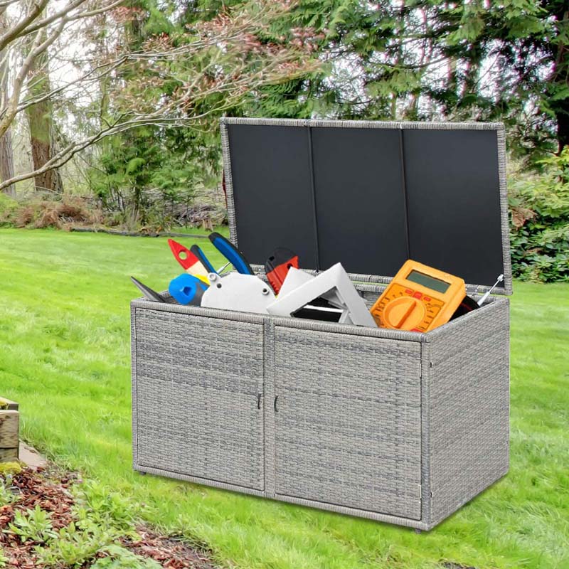 88 Gallon All-weather Rattan Deck Box, Outdoor Wicker Storage Container Cabinet Bench with 2 Shelves & Openable Door for Cushions, Tools
