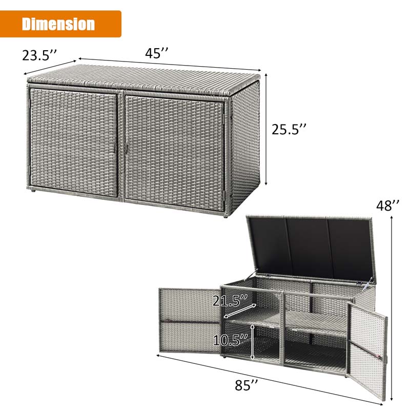 88 Gallon All-weather Rattan Deck Box, Outdoor Wicker Storage Container Cabinet Bench with 2 Shelves & Openable Door for Cushions, Tools