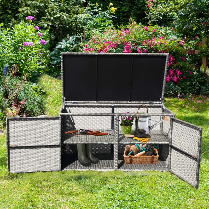 88 Gallon All-weather Rattan Deck Box, Outdoor Wicker Storage Container Cabinet Bench with 2 Shelves & Openable Door for Cushions, Tools