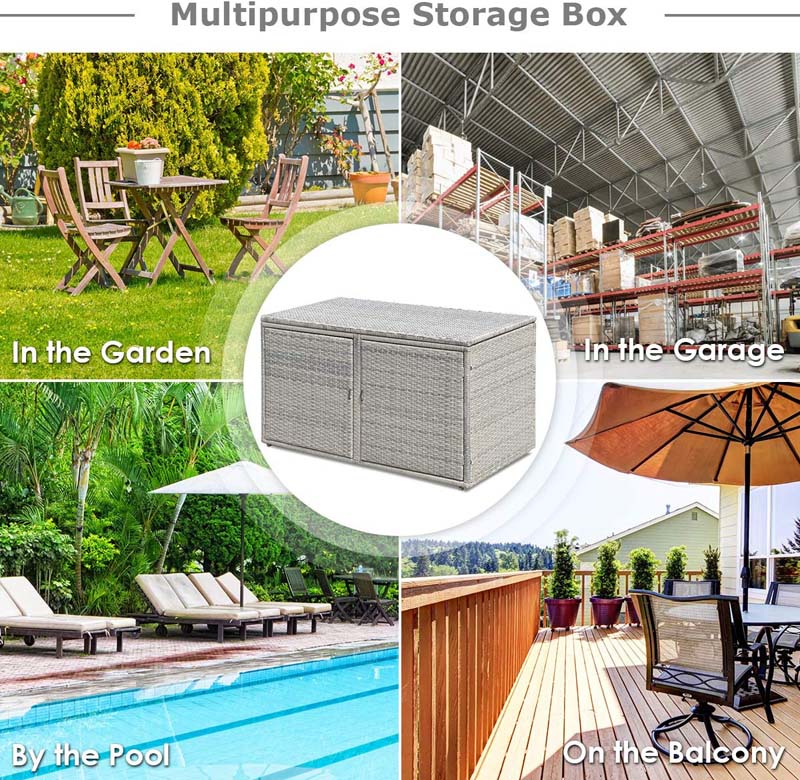 88 Gallon All-weather Rattan Deck Box, Outdoor Wicker Storage Container Cabinet Bench with 2 Shelves & Openable Door for Cushions, Tools