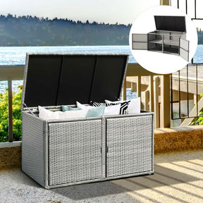 88 Gallon All-weather Rattan Deck Box, Outdoor Wicker Storage Container Cabinet Bench with 2 Shelves & Openable Door for Cushions, Tools