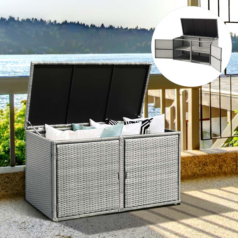 88 Gallon All-weather Rattan Deck Box, Outdoor Wicker Storage Container Cabinet Bench with 2 Shelves & Openable Door for Cushions, Tools