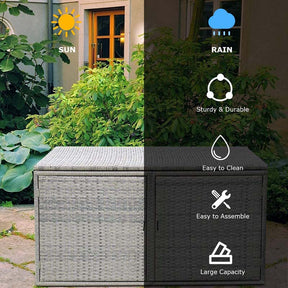 88 Gallon All-weather Rattan Deck Box, Outdoor Wicker Storage Container Cabinet Bench with 2 Shelves & Openable Door for Cushions, Tools