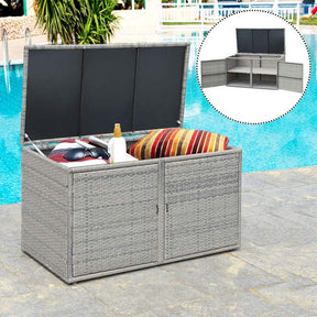 88 Gallon All-weather Rattan Deck Box, Outdoor Wicker Storage Container Cabinet Bench with 2 Shelves & Openable Door for Cushions, Tools