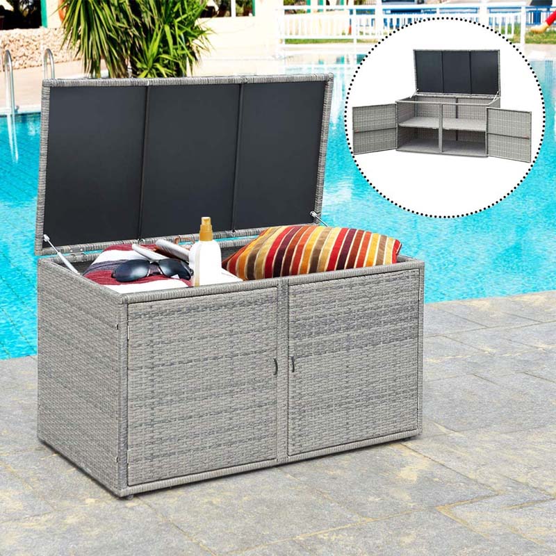88 Gallon All-weather Rattan Deck Box, Outdoor Wicker Storage Container Cabinet Bench with 2 Shelves & Openable Door for Cushions, Tools