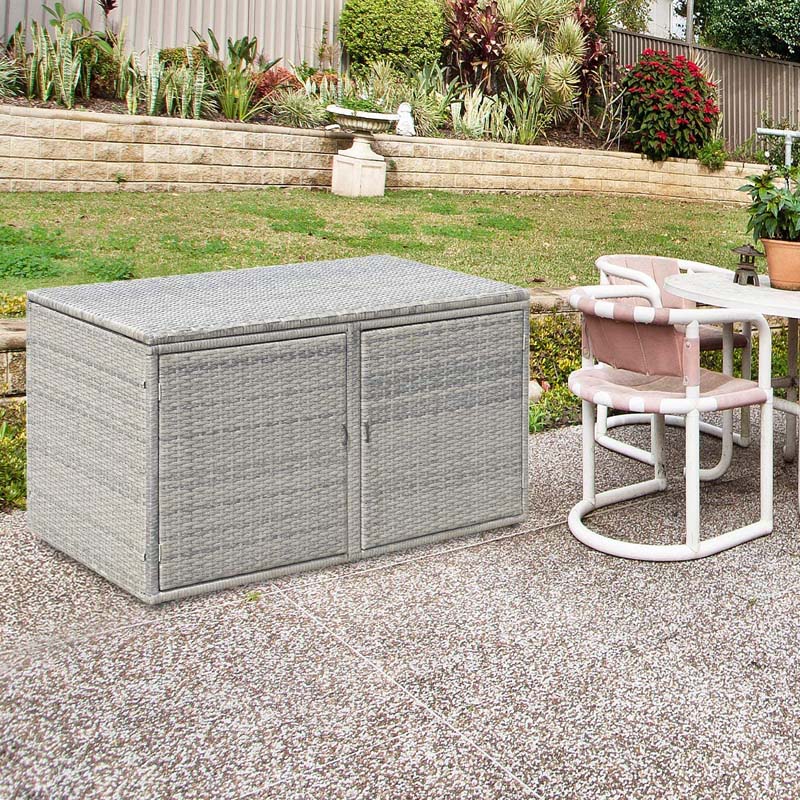 88 Gallon All-weather Rattan Deck Box, Outdoor Wicker Storage Container Cabinet Bench with 2 Shelves & Openable Door for Cushions, Tools