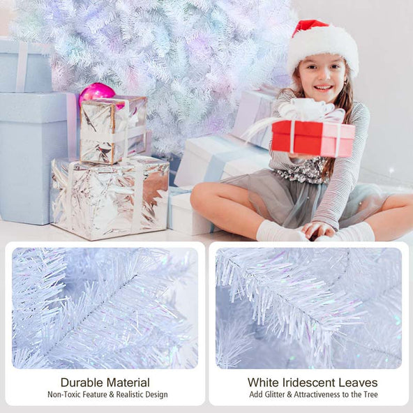 6/7/8FT White Iridescent Hinged Artificial Christmas Tree with 792/1156/1636 Branch Tips & Metal Stand