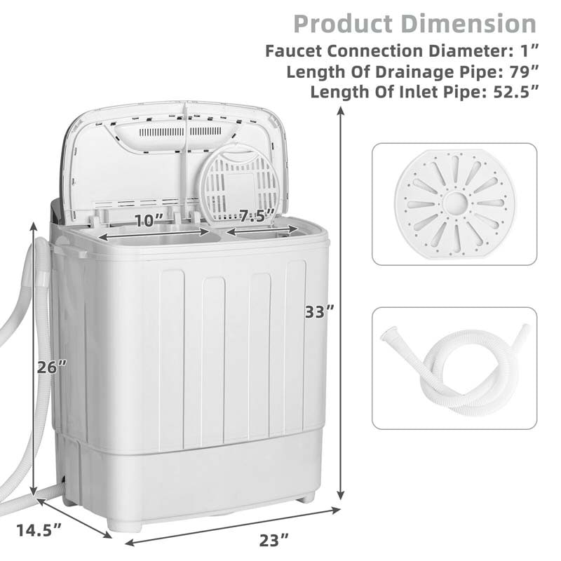 13Lbs Portable Twin Tub Washing Machine, Top Load Washer Spin Dryer Combo with Built-in Drain Pump, Compact Laundry Washer for Apartments & RVs